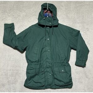 VTG Eddie Bauer Chore Coat Jacket Womens M Green Flannel Lined Hooded Barn Parka